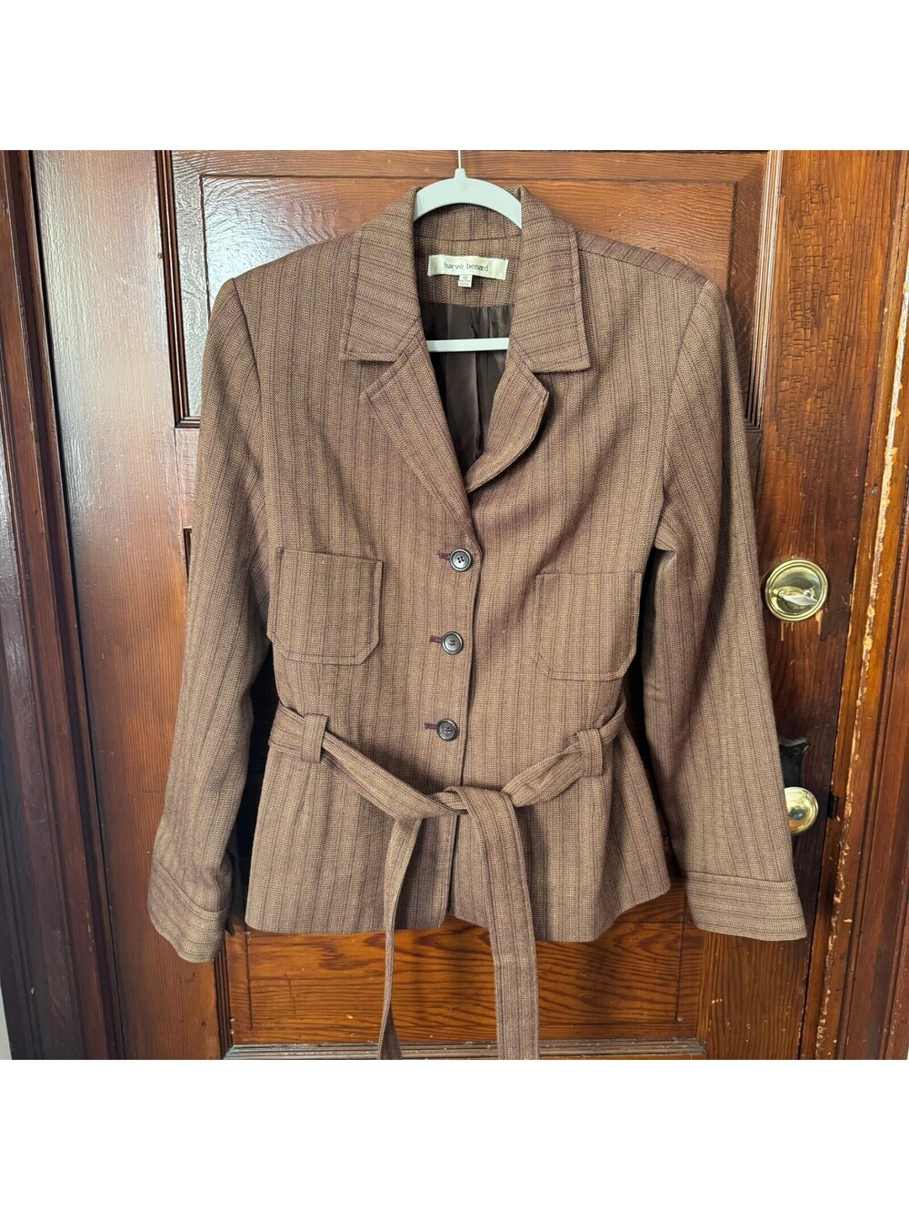 Vintage 100% Wool Harvé Benard Brown Pinstripe Tie Front Blazer Size 12